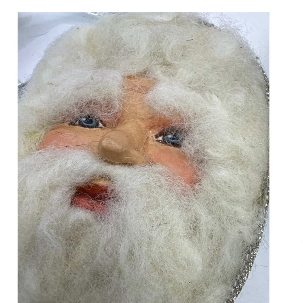 Vintage Santa Claus Head Ornaments‎ Pair Silver Glitter Disco Ball Faux Fur 2pc